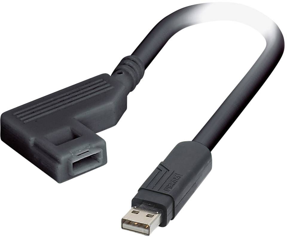Ein schwarzes USB-Kabel mit einem rechtwinkligen Steckerende, geeignet für enge Platzverhältnisse bei der Verbindung von Geräten.
