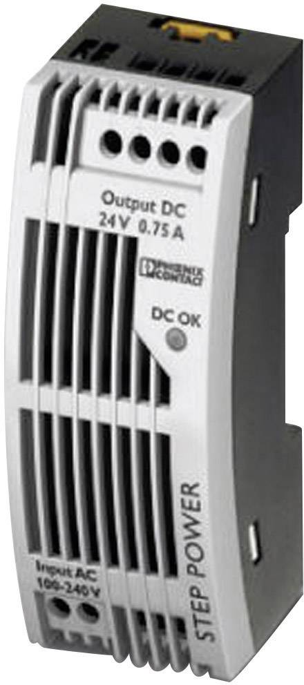 Stromversorgungseinheit mit Aufschrift 'Output DC 24V 0.75A'. Zeigt Lüftungsschlitze und LEDs für Statusanzeige. Produkt von Phoenix Contact.