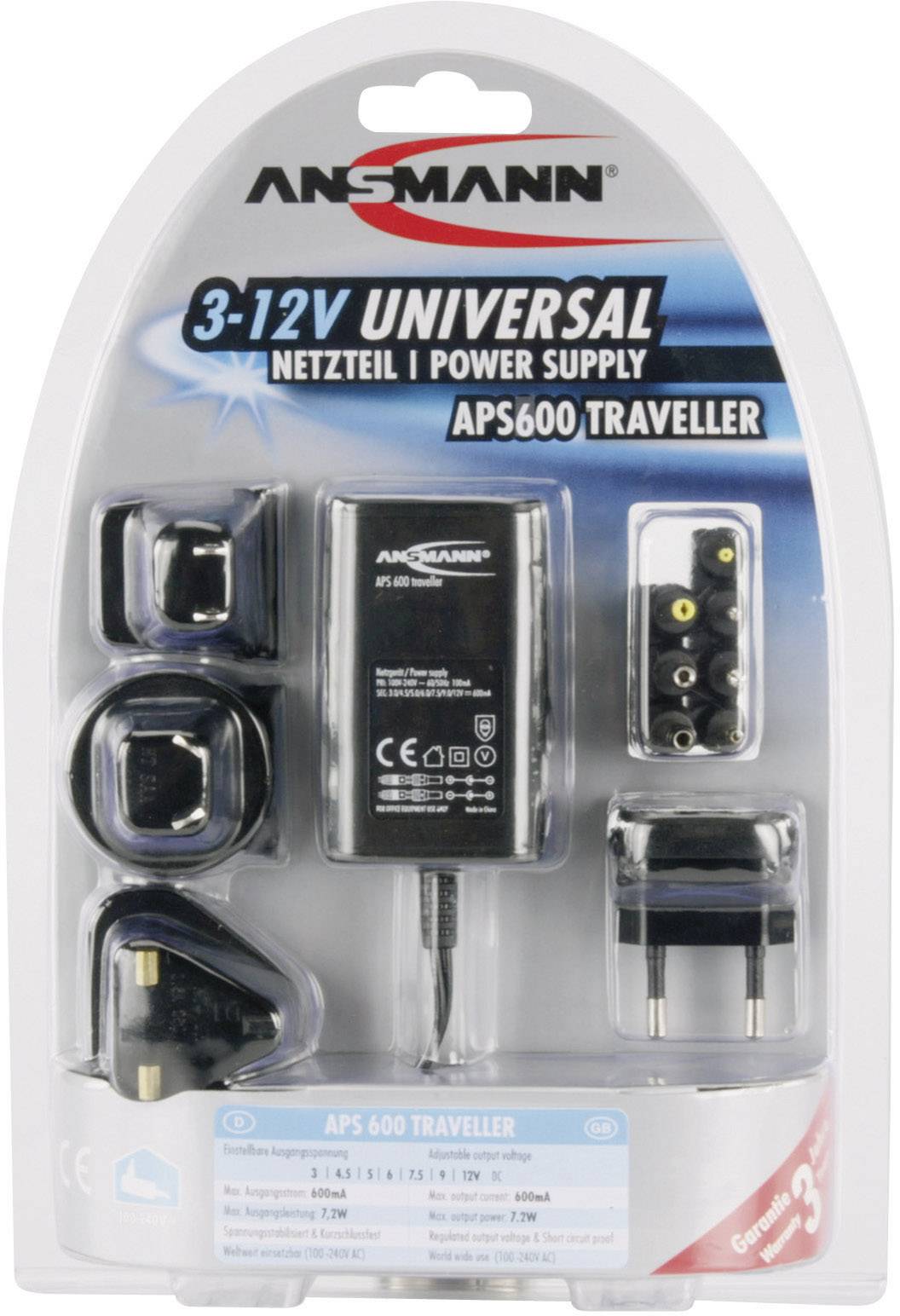 Ansmann Steckernetzteil, einstellbar 3 V/DC, 4.5 V/DC, 5 V/DC, 6 V/DC, 7.5 V/DC, 9 V/DC, 12 V/DC 600 mA 7.2 W
