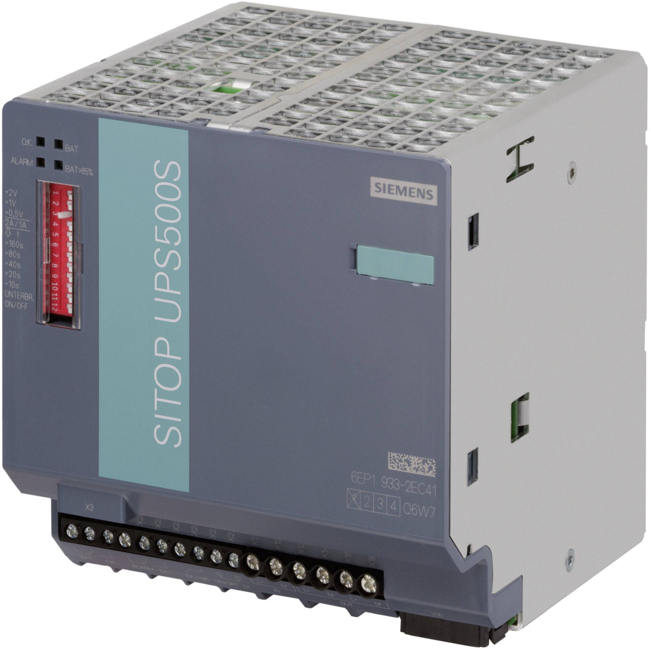 Ein Siemens SITOP UPS500S Modul, graue und schwarze Gehäusefarbe, mit roten und grünen Anzeigelampen, Anschlussklemmen unten.