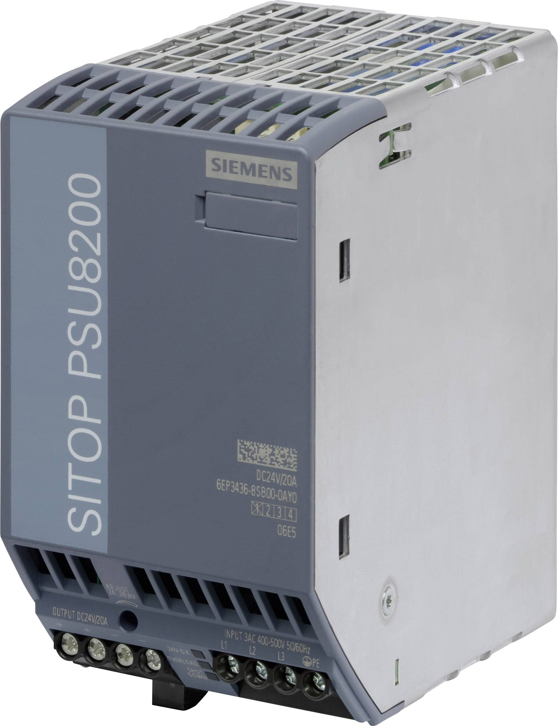 'Siemens SITOP PSU8200' Stromversorgungseinheit, grau-blau, mit mehreren Anschlüssen zur elektrischen Versorgung in industriellen Anlagen.