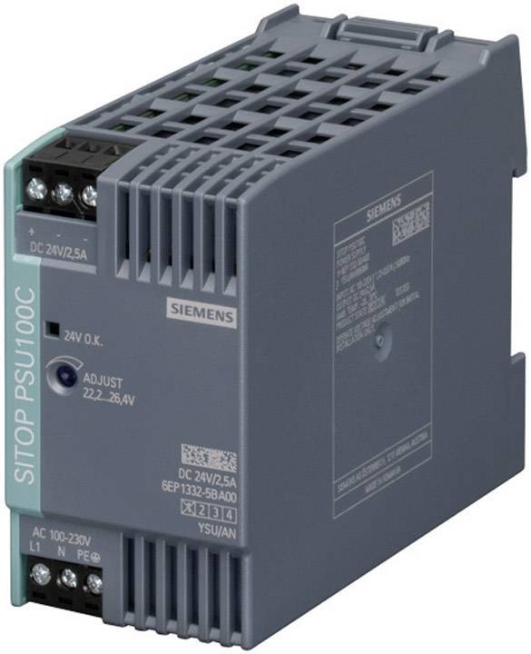 Netzteil von Siemens, Modell SITOP PSU100C, grau, mit Eingangsbereich 100-230V und Ausgang 24V/2,5A, geeignet für industrielle Anwendungen.