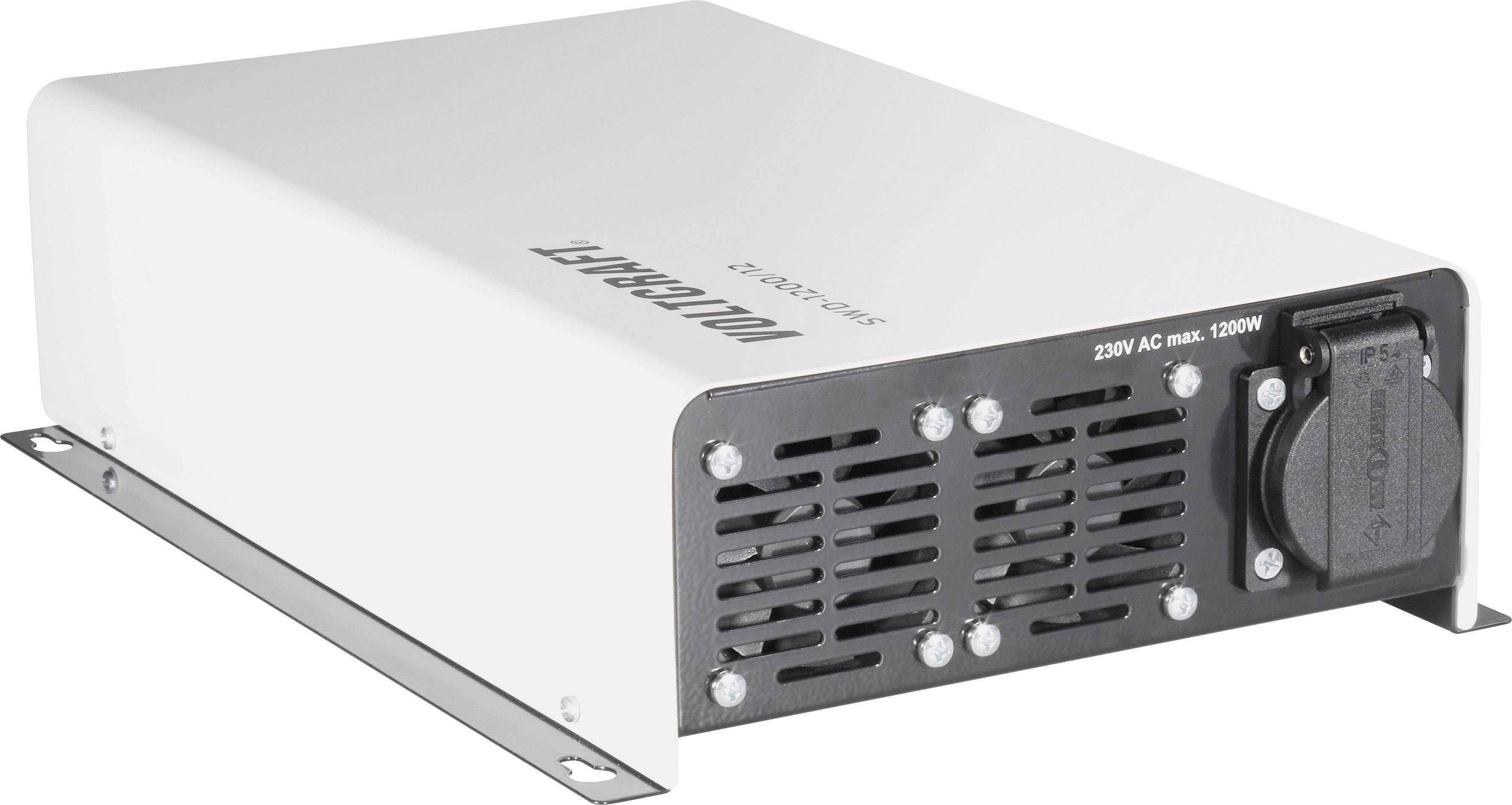 Weißer Spannungswandler mit Lüftungsschlitzen und Steckdose, gekennzeichnet mit '230V AC max. 1200W'.