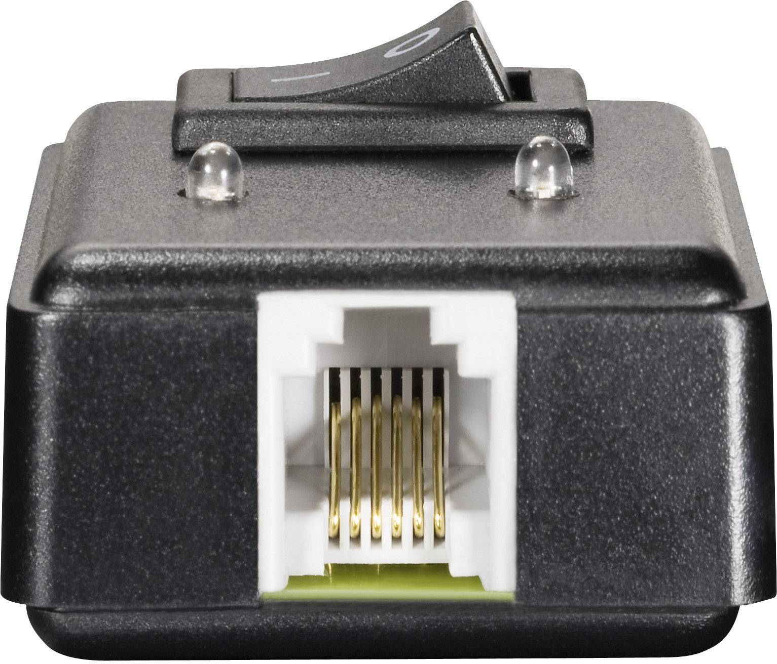 Ein schwarzer Adapter mit einem Ein-/Ausschalter und einem Ethernet-Port an der Vorderseite.
