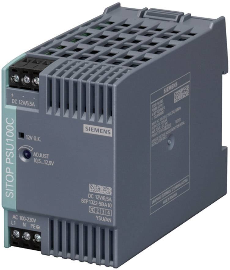 Graues Siemens SITOP PSU100C Schaltnetzteil. Beschriftung: 'DC 12V/6,5A'. Klemmblöcke und Einstellungsknopf sichtbar.