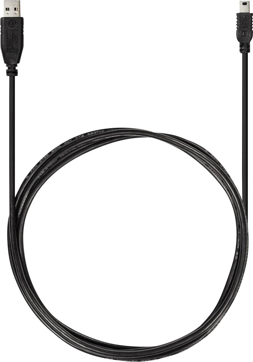 Ein schwarzes USB-Kabel mit einem Standard-USB-Stecker auf der linken Seite und einem kleineren USB-Stecker auf der rechten Seite.