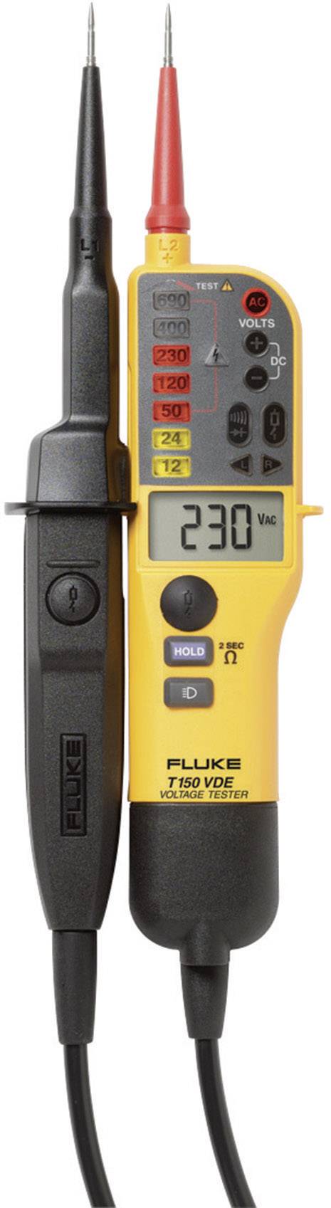 Spannungsprüfer mit digitaler Anzeige zeigt 230 Volt. Links schwarze und rechts rote Prüfsonde, oben LED zur Spannungsanzeige.