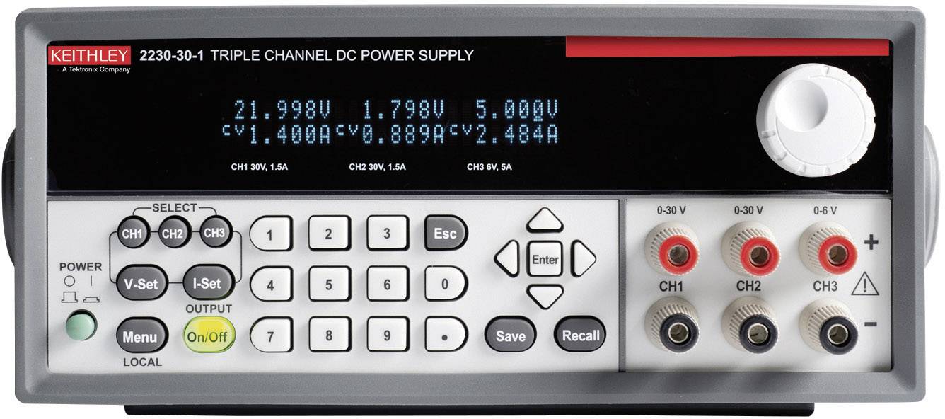 Dreikanal-Gleichstromversorgung mit digitalem Display. Zeigt Spannung (V) und Strom (A) für drei Kanäle (CH1, CH2, CH3). Bedientasten unten.