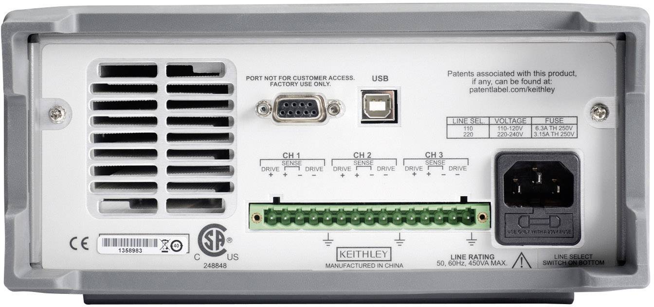 Rückansicht eines Keithley-Geräts mit mehreren Anschlüssen, einschließlich USB, Seriell und Steckleisten für unterschiedliche Messkanäle.