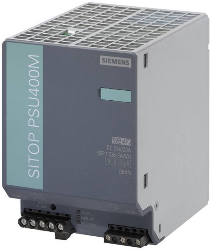 Ein graues Siemens SITOP PSU400M Netzgerät mit grüner Seitenbeschriftung. Es liefert 24V DC bei 20A. Essential für industrielle Anwendungen.