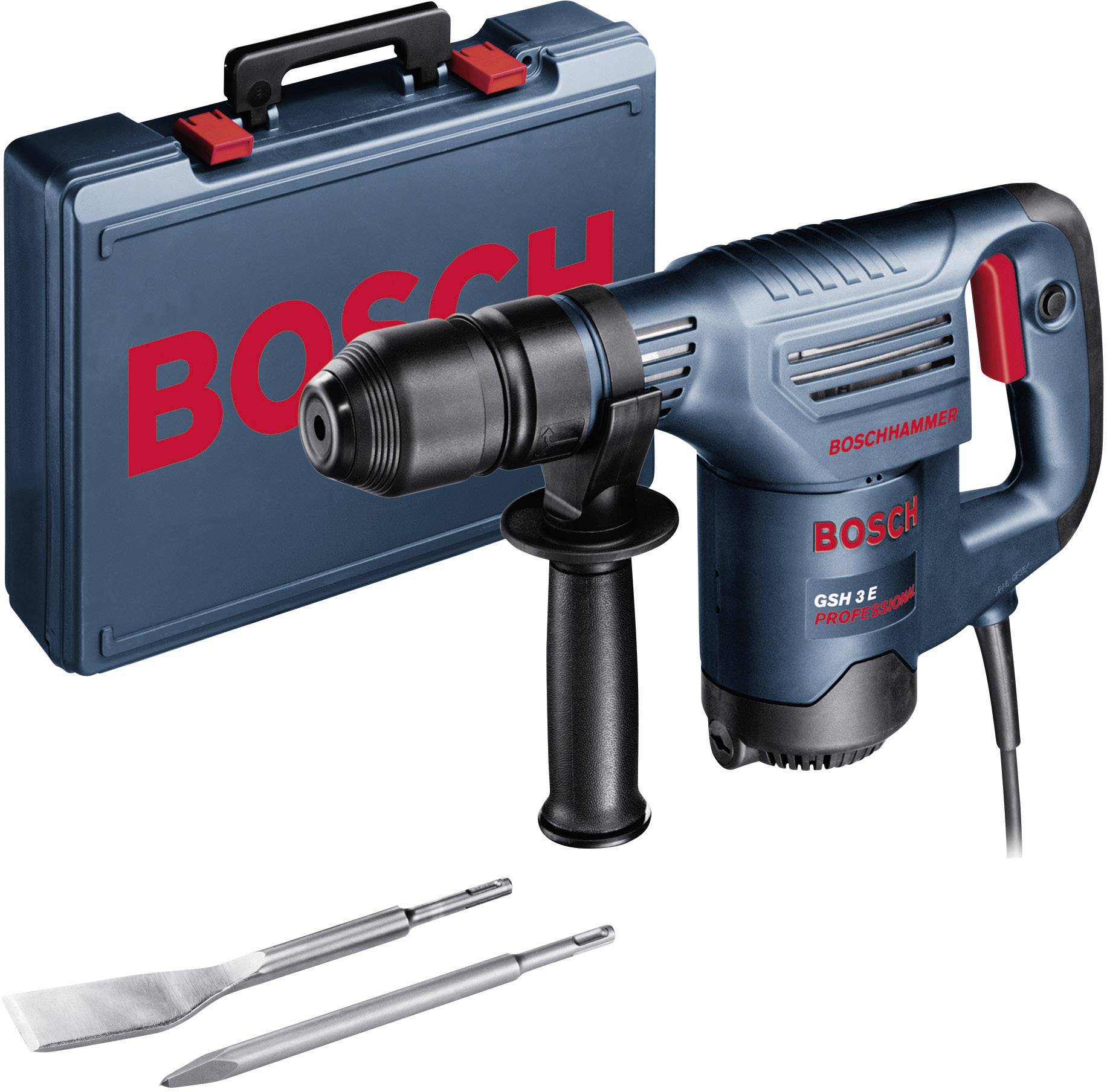 'Boschhammer Bohrhammer GSH 3 E' abgebildet mit einem blauen Hartschalenkoffer und zwei Meißelaufsätzen, geeignet für Profi-Anwendungen.
