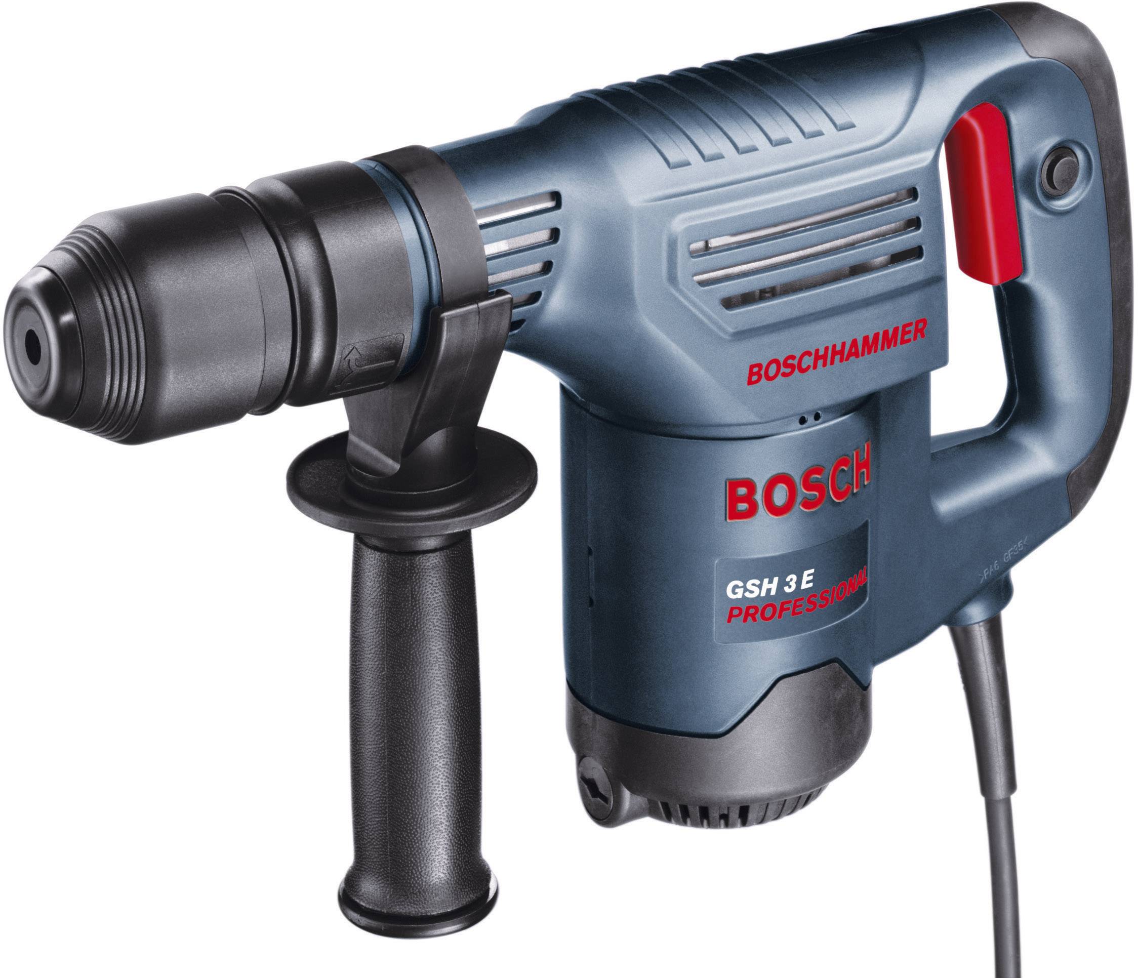Ein elektrischer Bohrhammer mit schwarzem Griff und blauem Gehäuse ist abgebildet. Auf der Seite steht 'BOSCH' und 'GSH 3E PROFESSIONAL'.