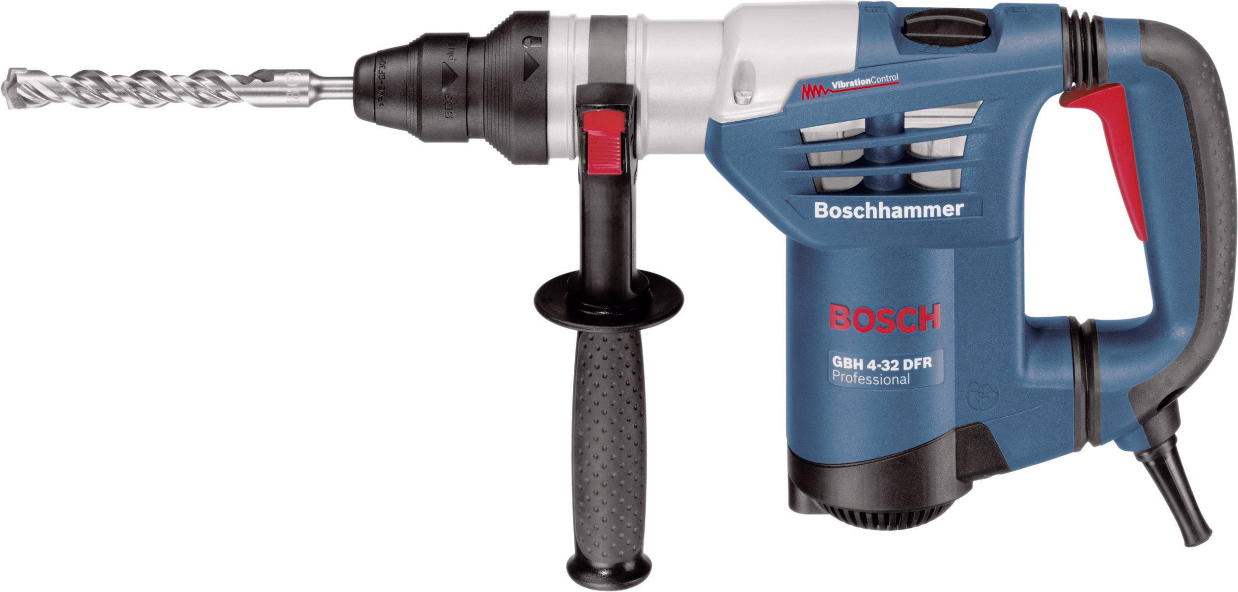 Bohrhammer in Blau und Schwarz mit rotem Schalter, geeignet für Bauarbeiten. Aufschrift: 'Boschhammer GBH 4-32 DFR Professional'.