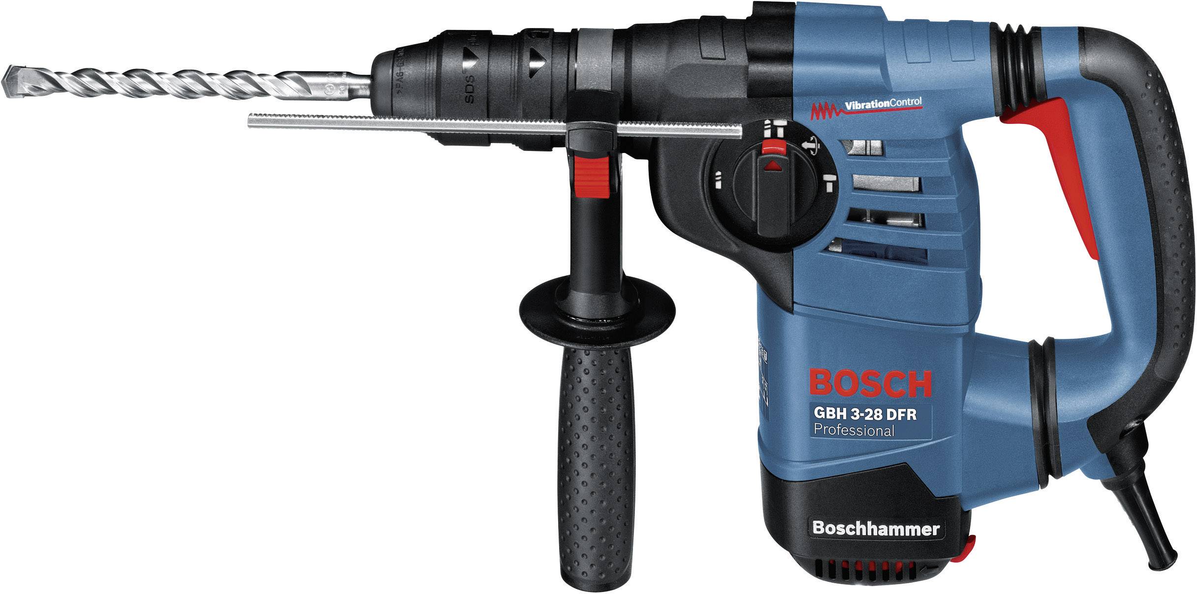 Ein blauer Bosch-Bohrhammer mit schwarzem Griff und einem langen Bohrer. Modellnummer: GBH 3-28 DFR Professional.