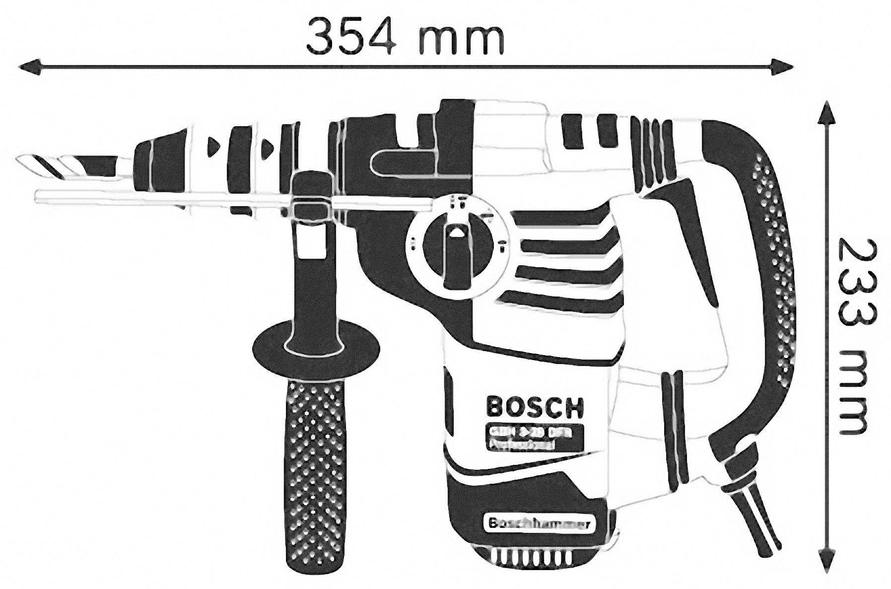 'Bosch Bohrhammer' mit seitlichem Griff, 354 mm lang und 233 mm hoch.