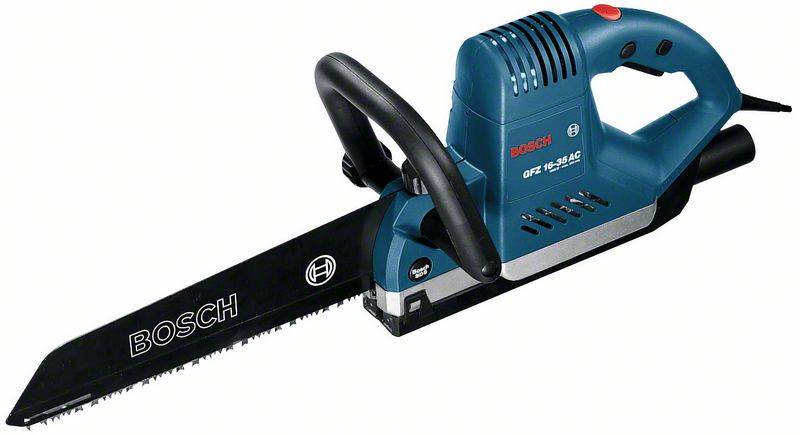 Elektro-Handkettensäge der Marke Bosch, Modell GKE 16-35 AC, in Blau und Schwarz, mit ergonomischem Griff und langem Sägeblatt.