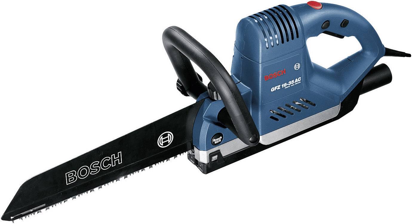 Eine blaue elektrische Bandsäge mit schwarzem Sägeblatt und schwarzem Griff, der Markenname 