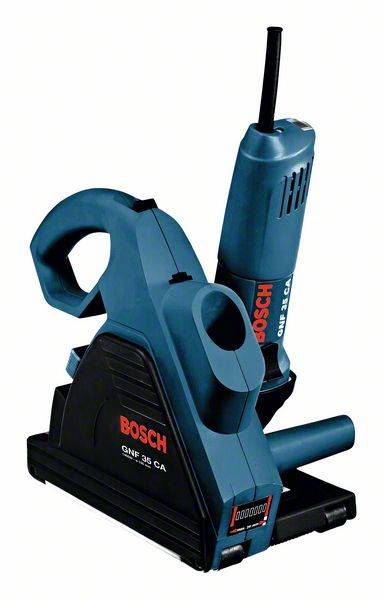 Blaue Bosch Nutfräse, Modell GNF 35 CA, mit ergonomischem Griff und schmaler Führungsschiene zur präzisen Nutbearbeitung.