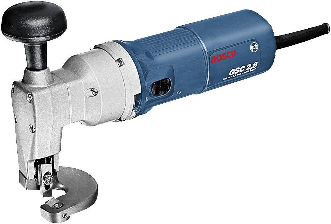 Ein elektrisches Schneidewerkzeug der Marke Bosch, Modell GSC 2.8, hauptsächlich in Blau und Silber, mit ergonomischem Griff.