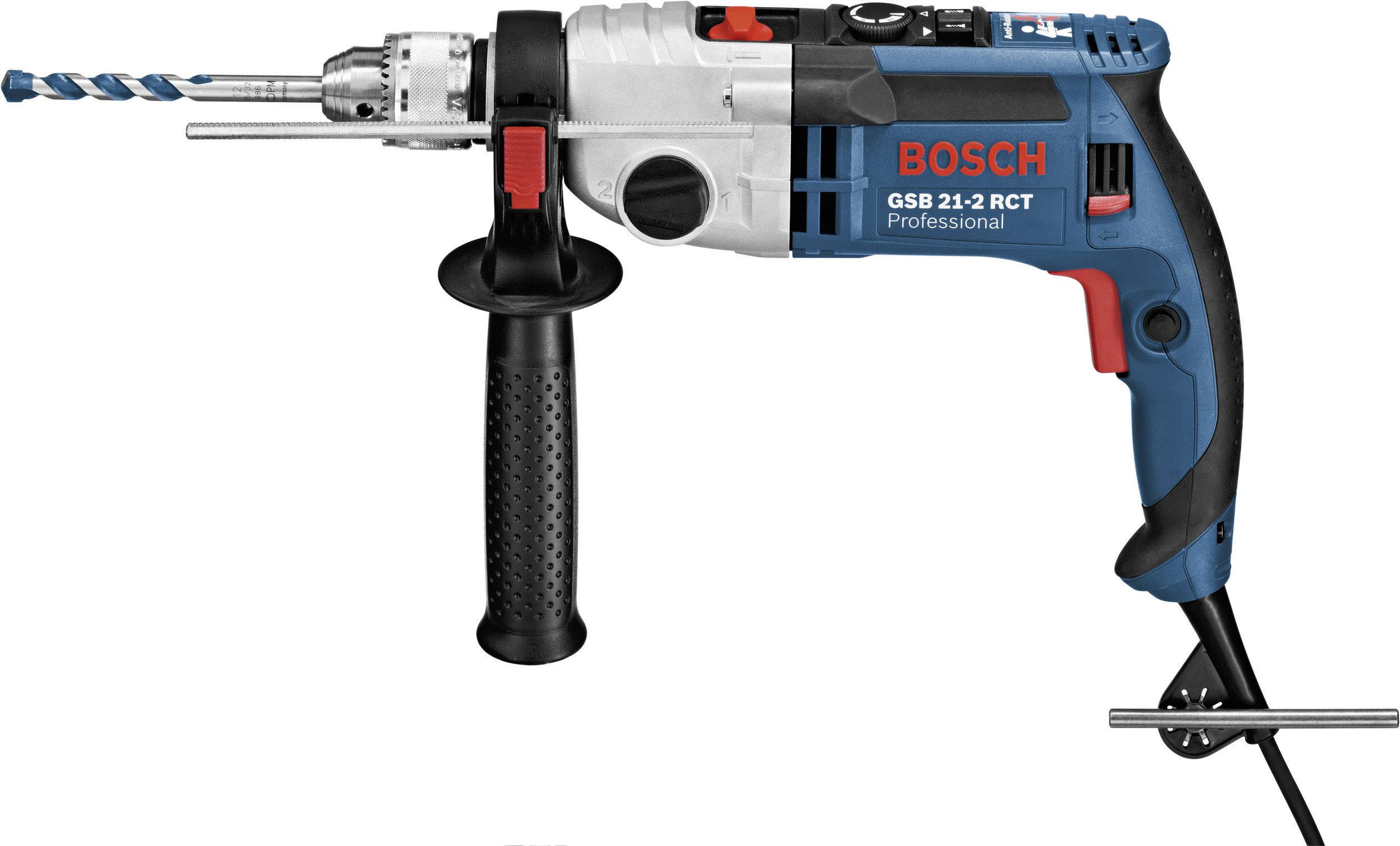Eine blaue und schwarze Bosch-Bohrmaschine mit grauem Bohrer und rotem BOSCH Logo. Modellnummer: GSB 21-2 RCT.