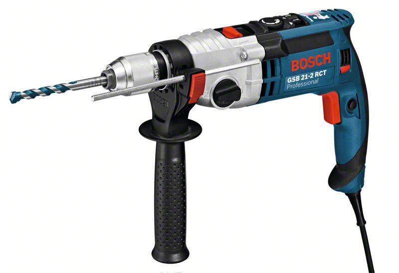 Elektrische Bohrmaschine von Bosch, Modell GSB 21-2 RCT, mit Bohrer und Zusatzgriff.