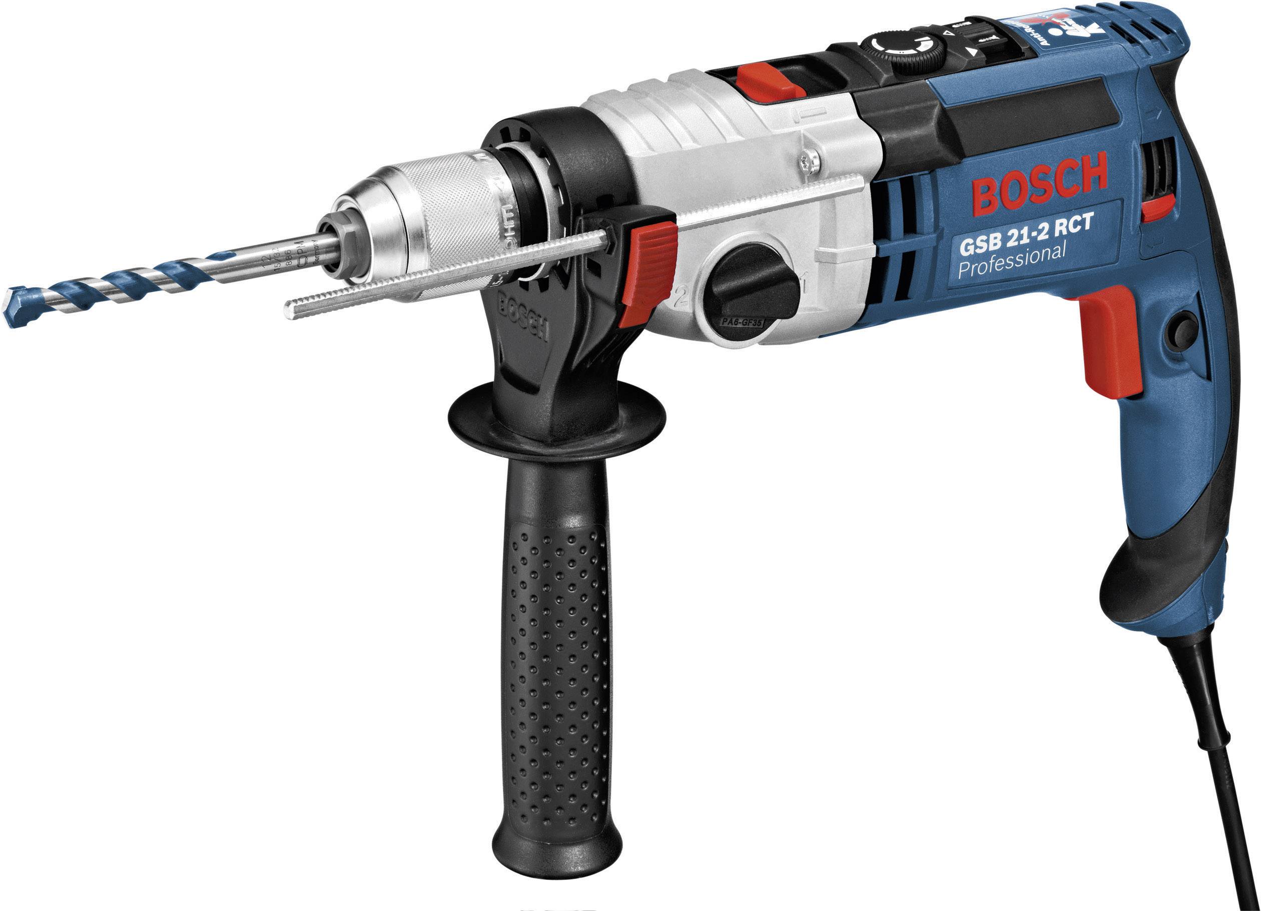 Blaue und schwarze elektrische Handbohrmaschine von Bosch mit rotierender Bohrspitze und schwarzem Griff. Modell GSB 21-2 RCT.