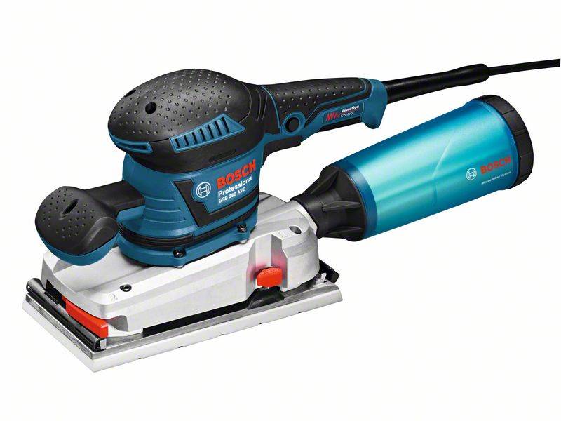 Elektrischer Bosch Schwingschleifer PSS 200 AC, blau-schwarz, mit rotem Knopf, seitlich angebrachter Staubbehälter.