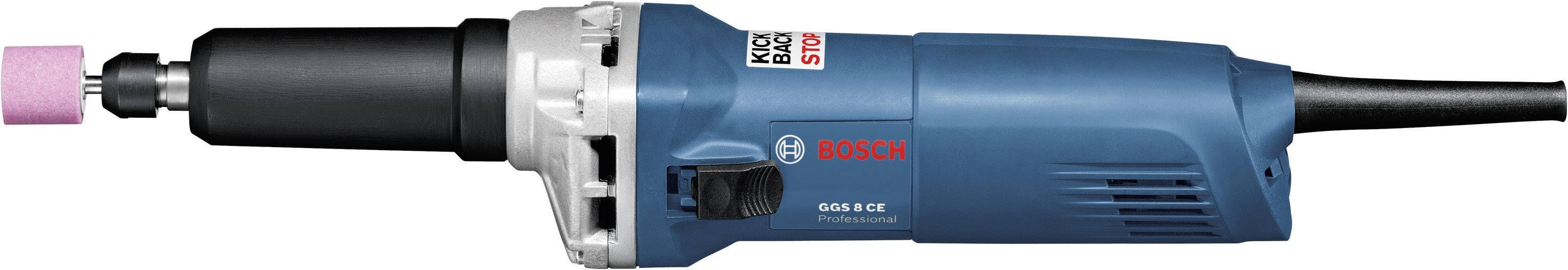 Elektrische Bosch-Geradeschleifer mit blauem Gehäuse und rosa Schleifkopf, geeignet zum Feinschleifen und Polieren.