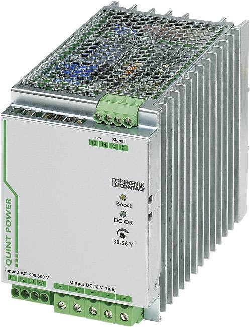 Stromversorgungsmodul mit Metallkühlkörper, beschriftet mit 'Quint Power' von Phoenix Contact. Eingänge 3 AC 400-500 V, Ausgabe DC 48 V 20 A.