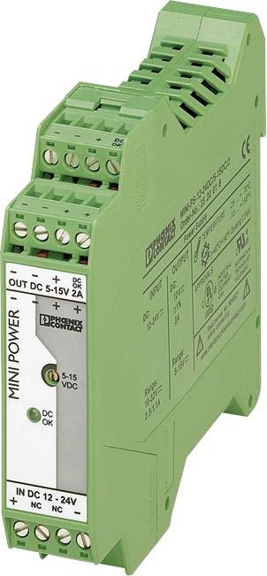 Ein grünes Gehäuse eines elektronischen Geräts mit Aufschrift 'MINI POWER'. Es hat Anschlussklemmen und LED-Anzeigen für DC-Ausgang 5-15V, 2A sowie Eingangsangaben DC 12-24V.