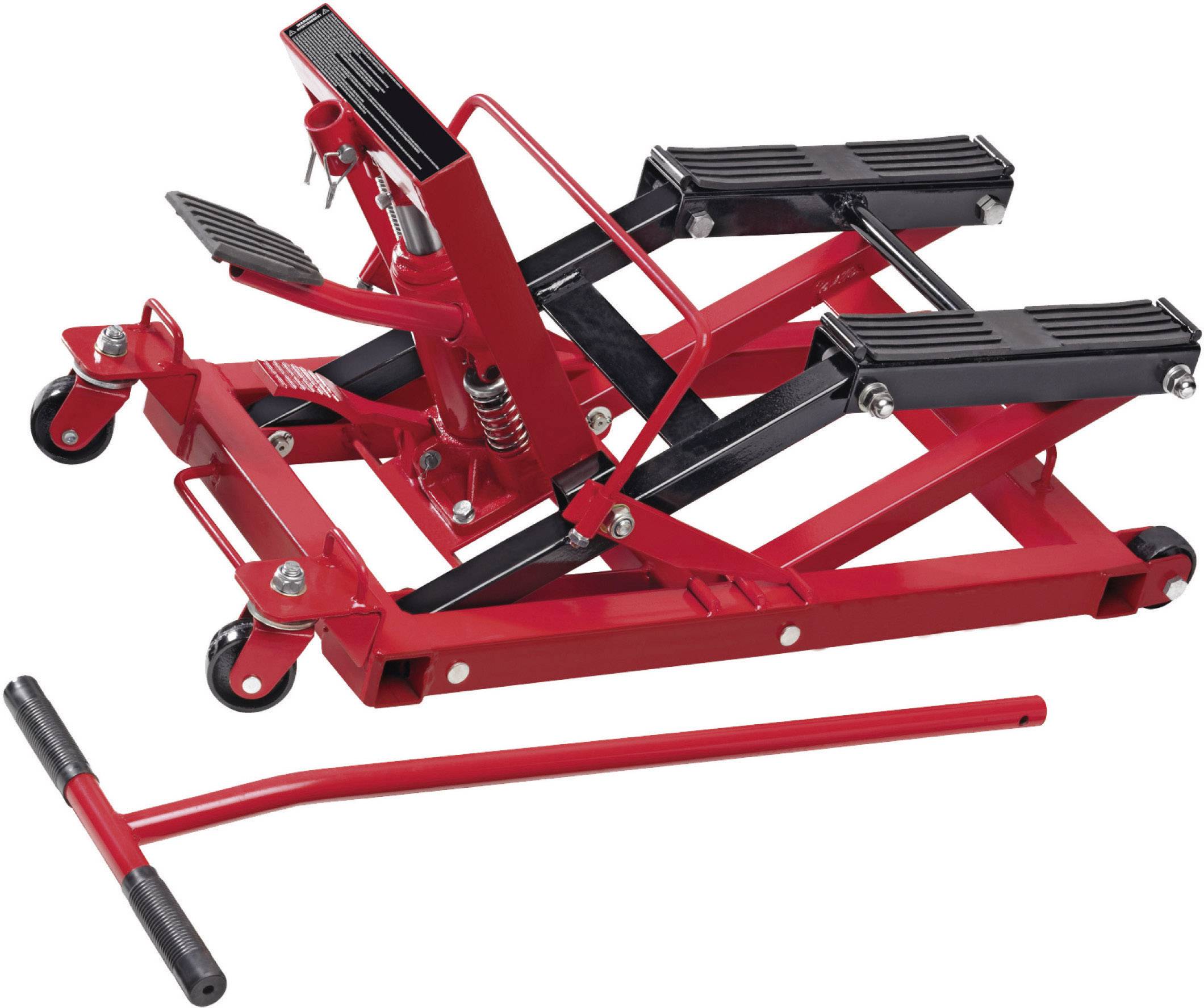 Ein roter hydraulischer Motorradheber mit zwei schwarzen Auflageflächen und einem abnehmbaren Hebel, auf Rollen für einfache Bewegung.