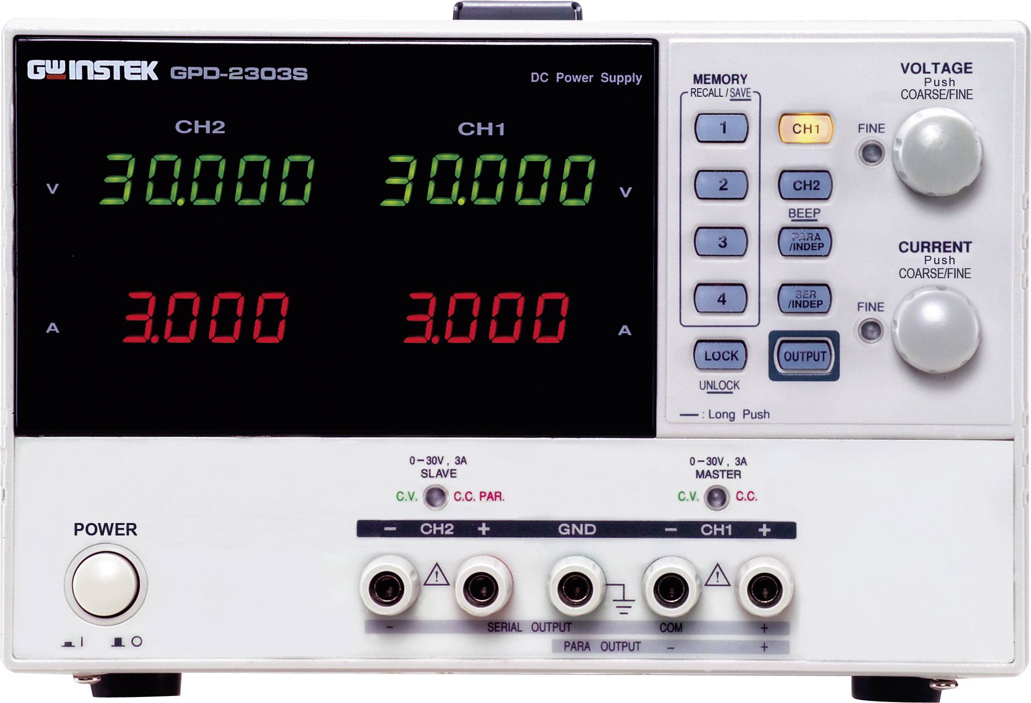 Ein elektronisches Labornetzteil mit zwei einstellbaren Kanälen. Zeigt aktuelle Einstellungen: Spannung und Strom für jeden Kanal.