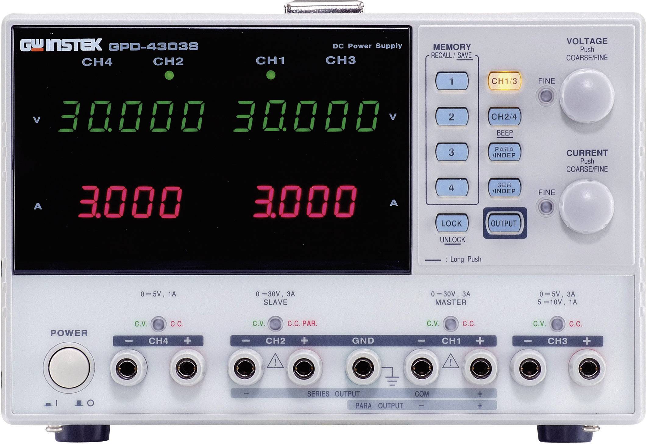 GW Instek GPD-4303S Netzteil mit vier Kanälen. Anzeige zeigt 30.000 V und 3.000 A. Mehrere Tasten für Spannung und Stromregelung.