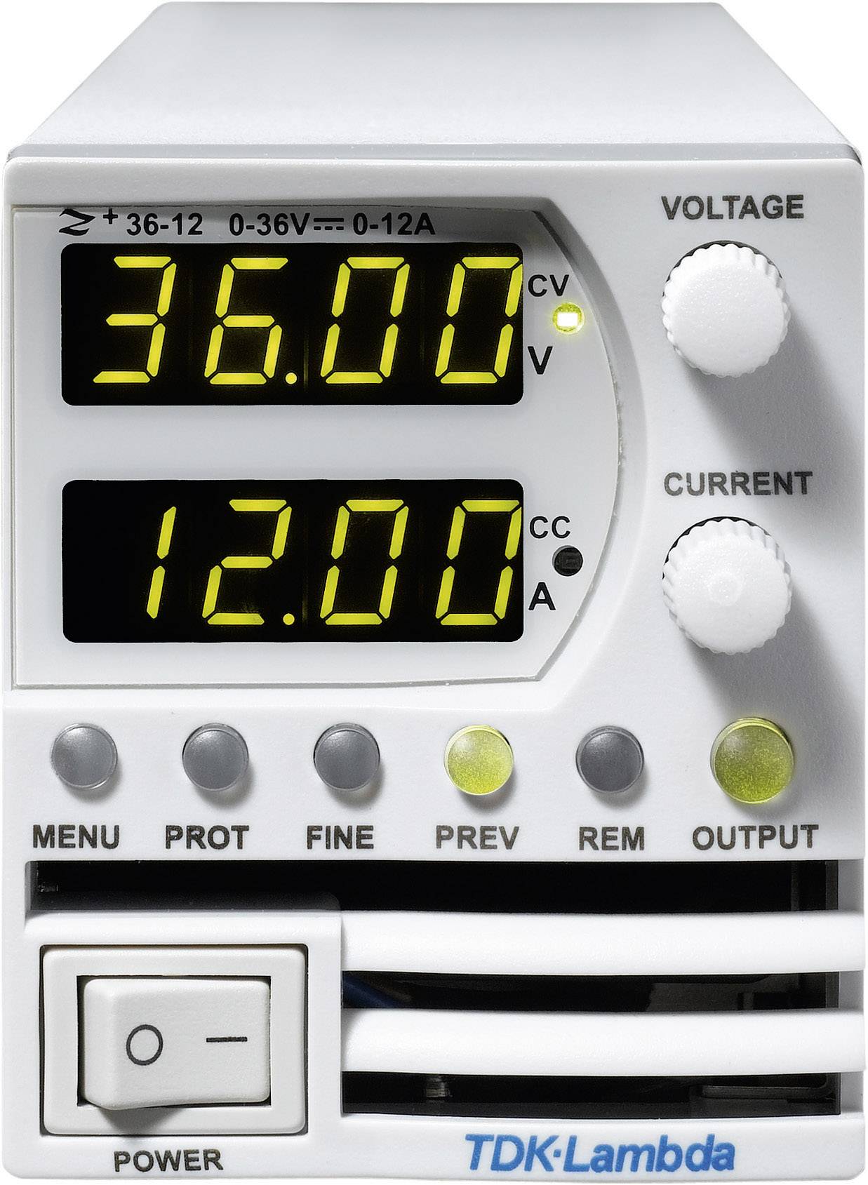 Ein digitales Netzteil zeigt auf dem Display die Spannung 36,00 Volt und den Strom 12,00 Ampere. Schalter und Drehregler sind sichtbar.