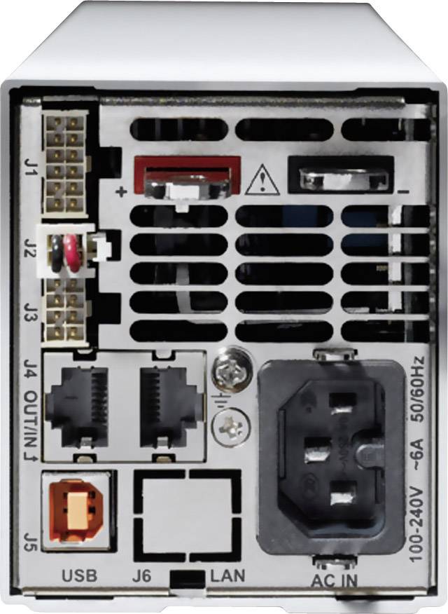Rückseite eines Netzteils mit Anschlüssen: USB, LAN, AC Eingang, Plus- und Minuspole, Schalter und mehrere numerierte Ports.