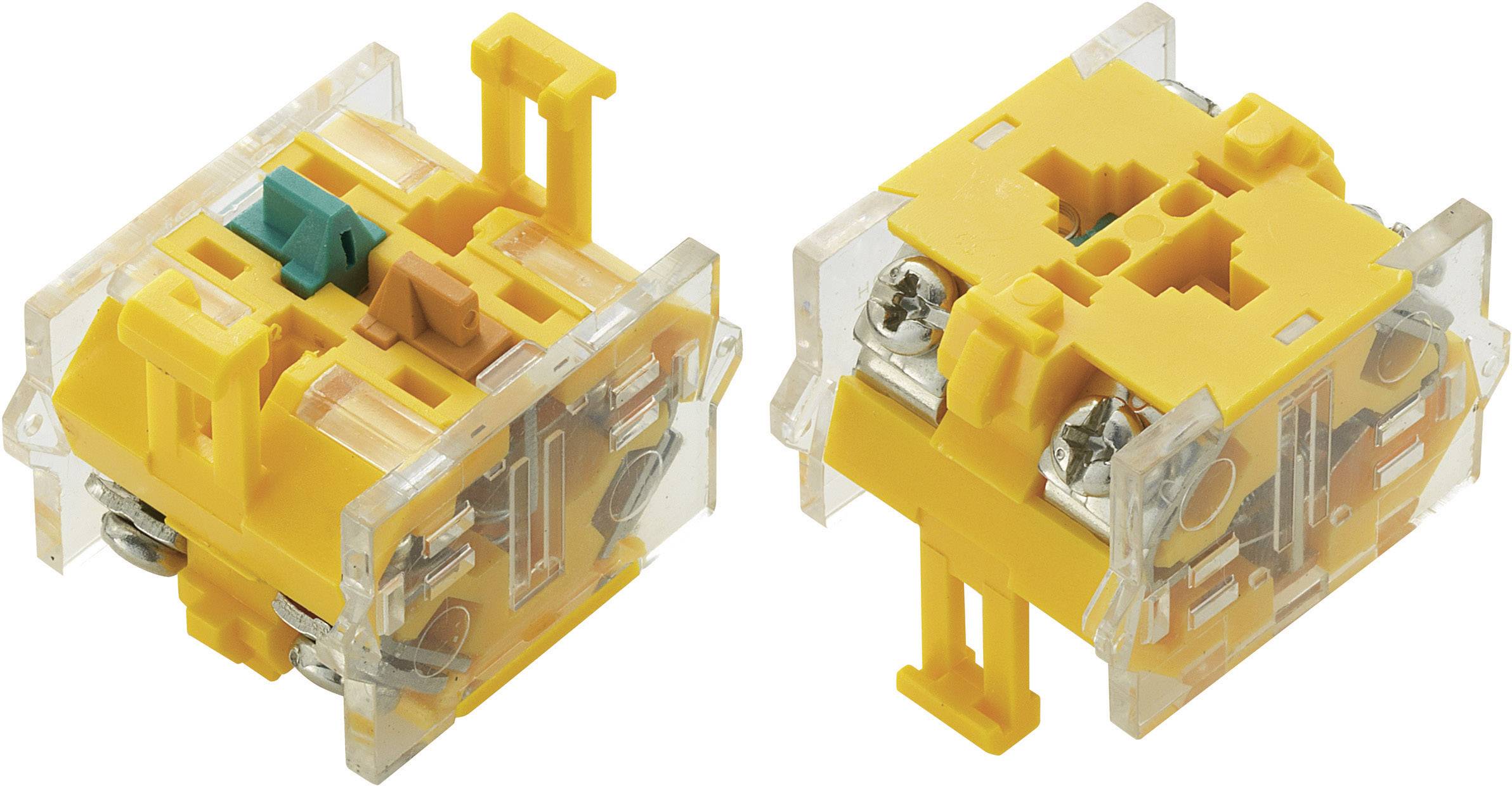 Zwei gelbe elektronische Module mit Befestigungsschrauben und sichtbaren Kontakten, nebeneinander platziert.