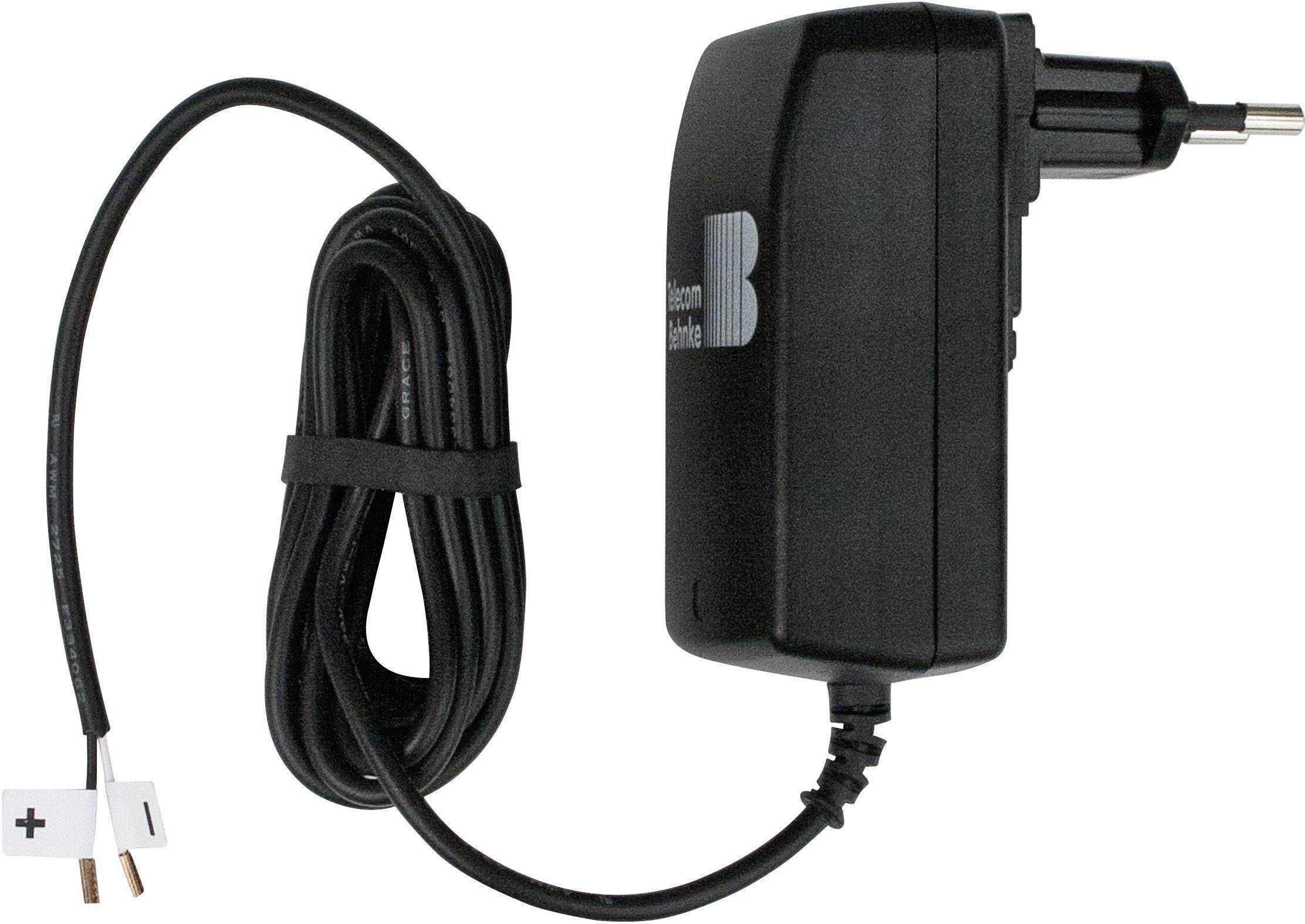 Ein schwarzes Netzteil mit europäischen Steckern und einem langen verbundenen Kabel, dessen Enden abisoliert sind.