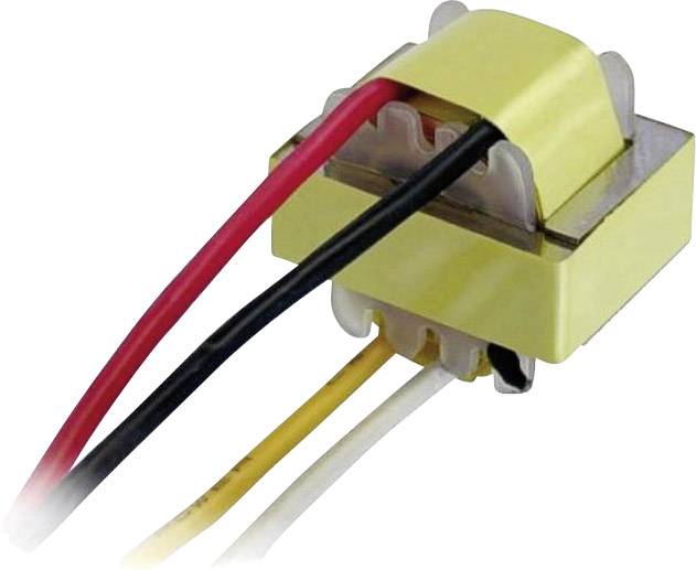 Ein gelber elektrischer Transformator mit roten, schwarzen, gelben und weißen Kabeln ragt aus der Oberseite heraus.