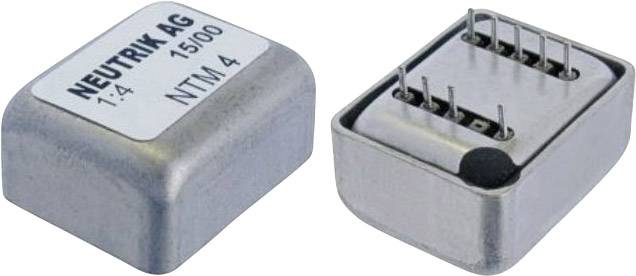 Transformator-Bauteil von Neutrik AG mit der Bezeichnung NTM 4, zeigt zwei Ansichten: Obenaufdruck und Anschlussstifte.