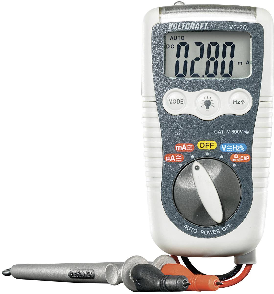 Ein digitales Multimeter zeigt 2,80 Volt Gleichstrom an. Es ist auf automatische Messung eingestellt und verfügt über Messleitungen.
