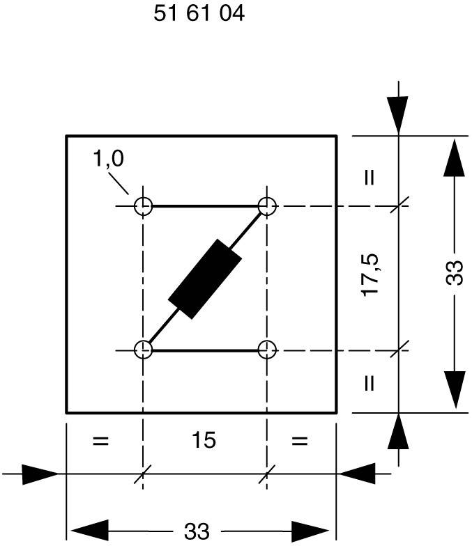 Elektronisches Schaltbild mit einem Widerstand, platziert diagonal in einem Quadrat. Maße: 33x33 mm, Abstand 17,5 mm, Widerstand 1,0 Ohm.