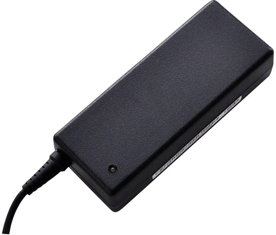 Ein schwarzes Laptop-Netzteil mit angeschlossenem Kabel.