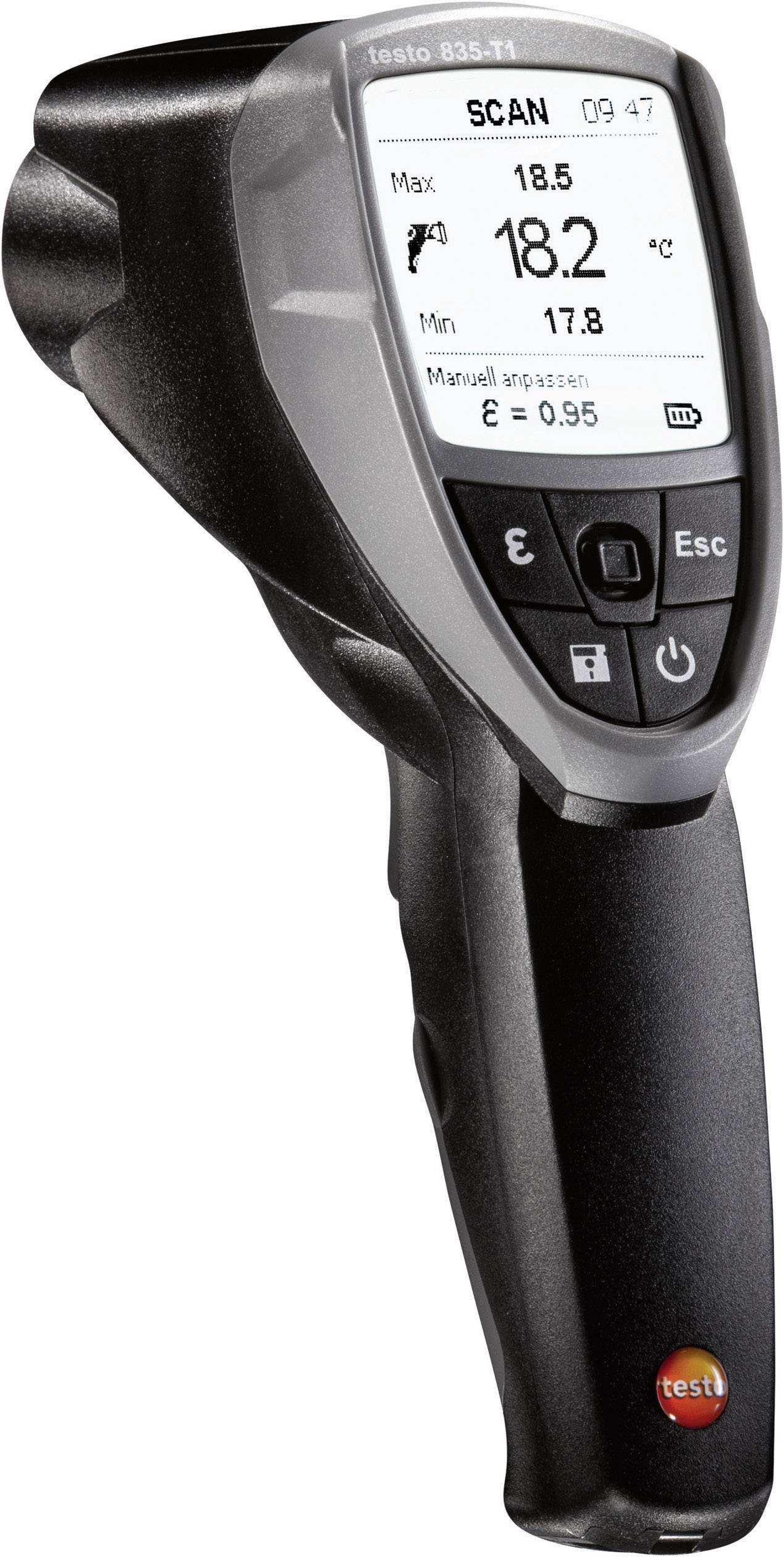 Handthermometer in Schwarz mit Displayanzeige. Zeigt aktuelle Temperatur von 18,5°C, mit Messbereichsminimum von 17,8°C und Emissionsgrad.