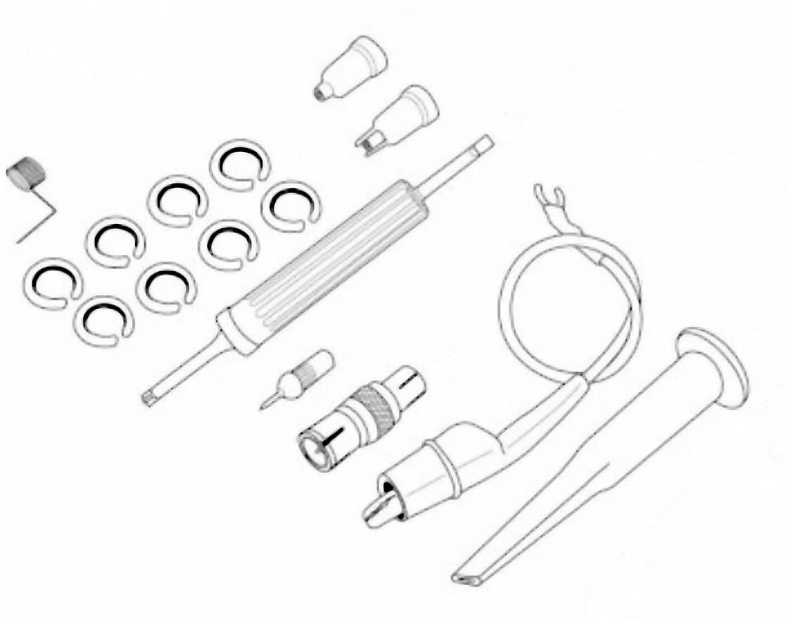 Zeichnung von elektronischen Werkzeugen und Bauteilen, darunter Schraubenzieher, Kabel und Anschlüsse.