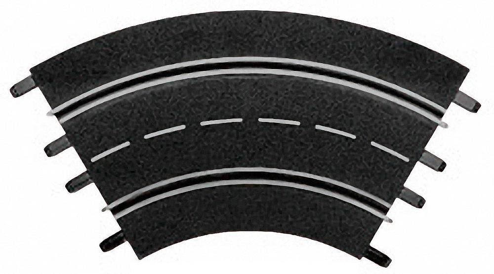 Zwei gebogene Straßenschienen mit durchgehender und gestrichelter Linie zur Verwendung in Autorennbahnen.