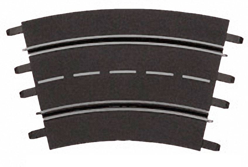 Ein kurviges Stück einer Modellrennbahn, dargestellt mit zwei Fahrspuren und einer gestrichelten Mittellinie.