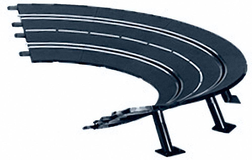 Zu sehen ist ein gebogenes Stück einer Spielzeugrennstrecke mit erhöhter Kurve, das auf mehreren Stützen steht.