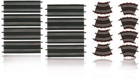 Set von schwarz-roten Spielzeugautorennstrecken, bestehend aus acht geraden und acht gebogenen Teilen. Ideal zum individuellen Streckenbau.