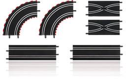 Sechs schwarze Spielzeug-Autorennbahn-Stücke: zwei gerade, zwei Kurven mit rot-weißen Markierungen und zwei Kreuzungen.