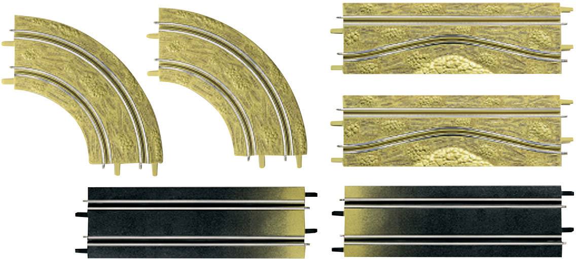 Sechs Modellbahn-Gleise: Zwei Kurven mit gelber Oberfläche, zwei geradlinige gelbe Gleise und zwei gerade mit dunkler Oberfläche.